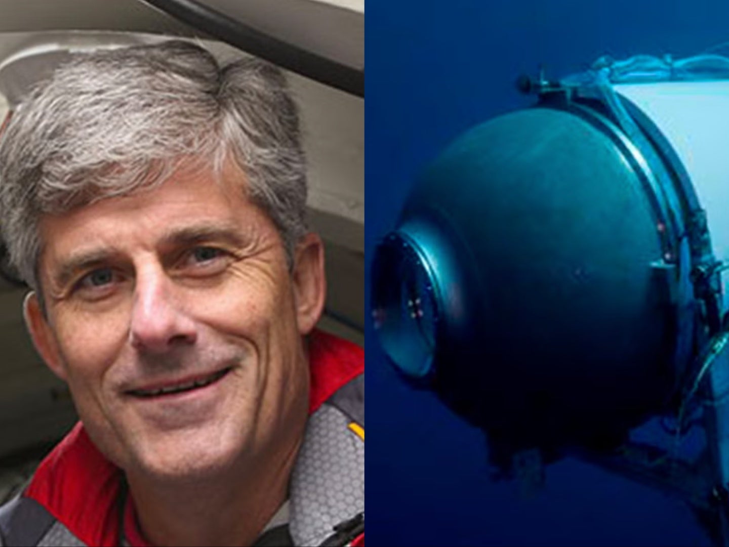 OceanGate co-founder Stockton Rush on the left, and the company’s Titan sub on the right