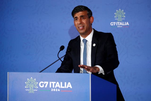 <p>Rishi Sunak told reporters at the G7 summit in Puglia: ‘We are only halfway through this election, so I’m still fighting very hard for every vote’ </p>