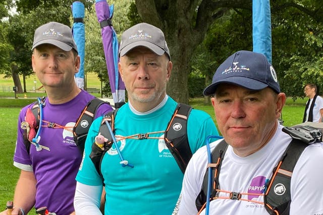 The three dads – (left to right) Tim Owen, Mike Palmer and Andy Airey – who walked 500 miles from Stirling to Norwich to raise awareness about suicide after losing their own daughters (Papyrus/PA)