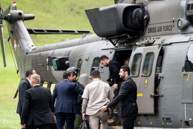 <p>Volodymyr Zelensky disembarks a Super Puma Swiss Airforce helicopter near the Buergenstock Resort, where the Ukraine Peace Summit will take place</p>
