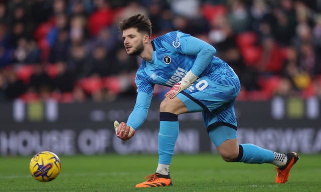 <p>Matija Sarkic of Millwall in action against Stoke last season</p>