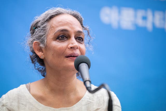 <p>File: Indian author Arundhati Roy, Grand Laureate for the 2020 Lee Hochul Literary Prize for Peace, speaks during a press conference in Seoul</p>