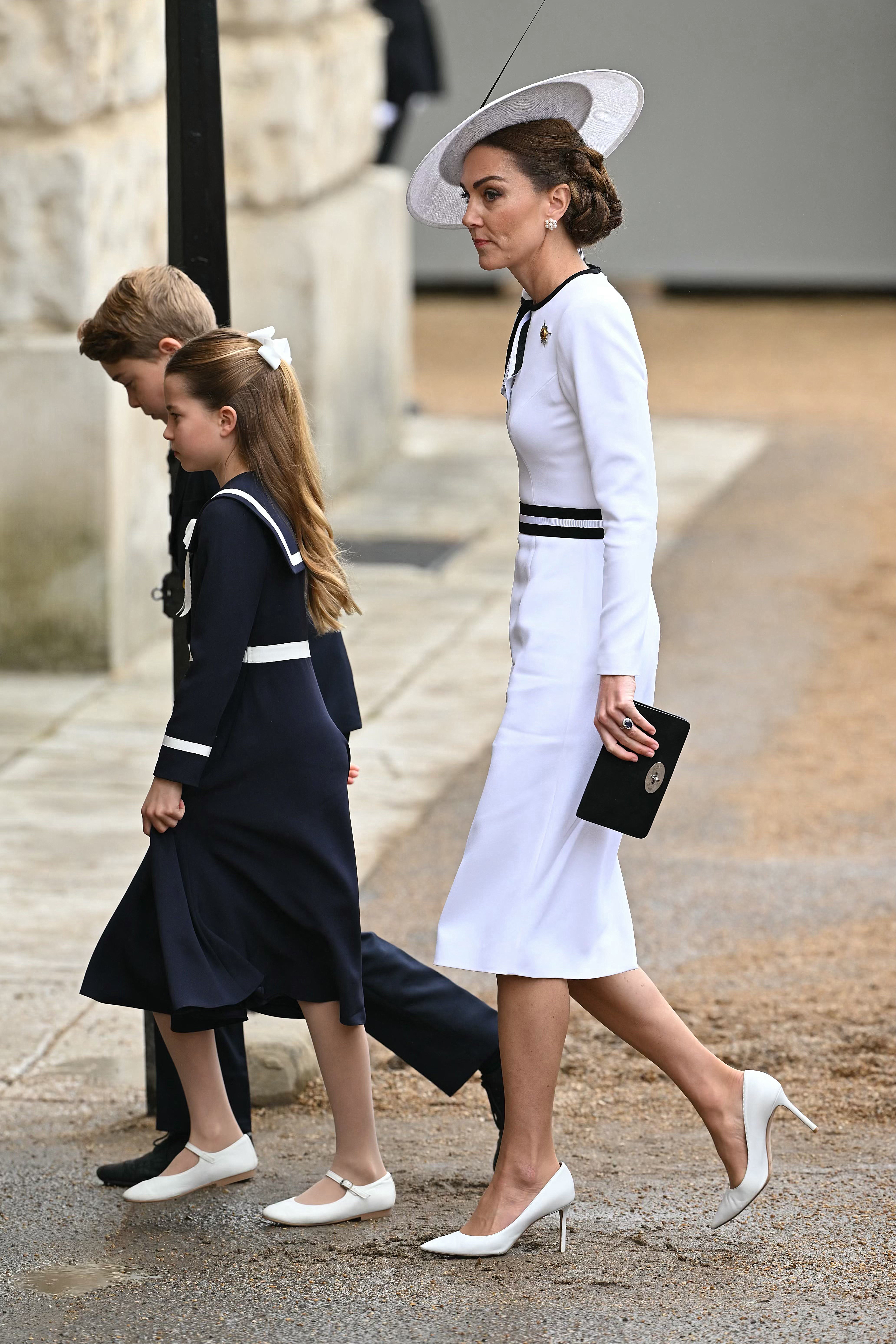 prince william, prince george, princess charlotte, princess of wales, king charles iii, trooping the colour, kate wears bold white dress last seen at coronation as she returns to public duties at trooping the colour