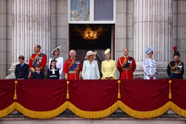 <p>All senior members of the British monarchy watch the RAF flypast </p>