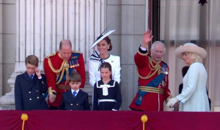 Members of the Royal Family waving to the crowds after the fly-past