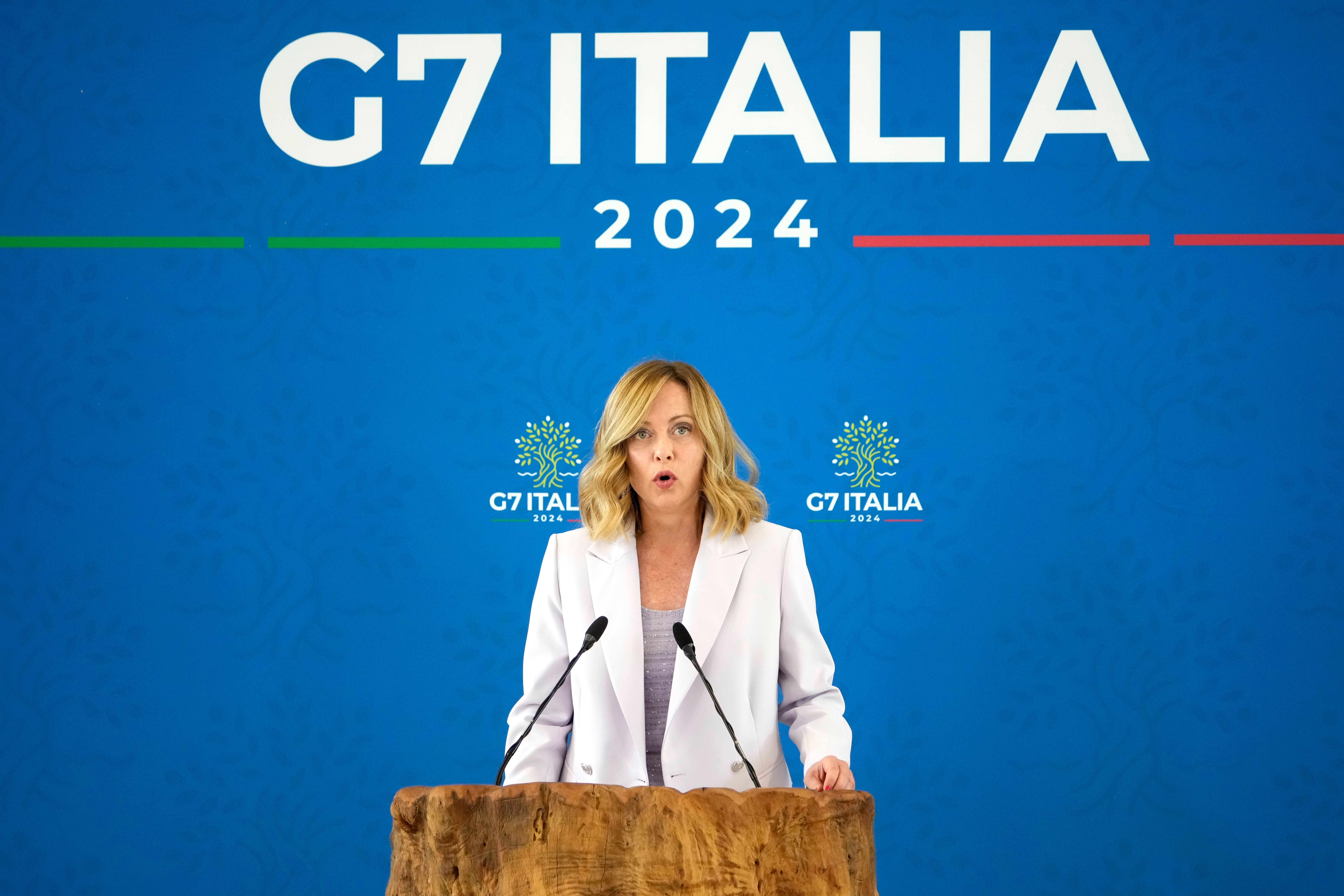 Italian Prime Minister Giorgia Meloni speaks during a final media conference at the G7 in Borgo Egnazia, near Bari