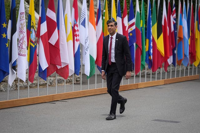 <p>Prime Minister Rishi Sunak arrives at the Ukraine peace summit in Buergenstock</p>