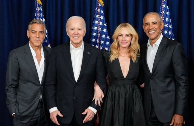 <p>Joe Biden and Barack Obama pose for a photo with actors George Clooney and Julia Roberts at a fundraiser in California  </p>