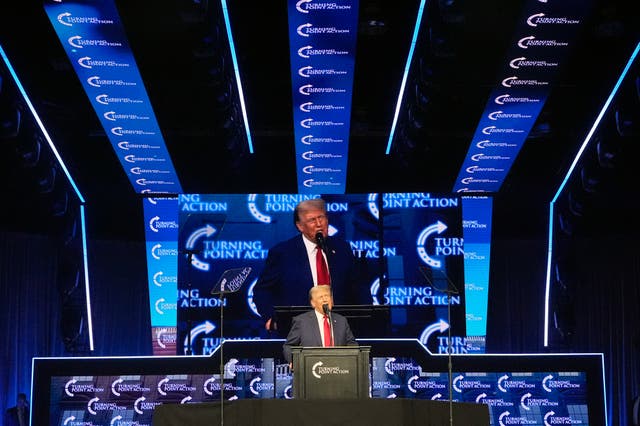 <p>Donald Trump speaks on June 15, 2024 at a Turning Point USA conference </p>