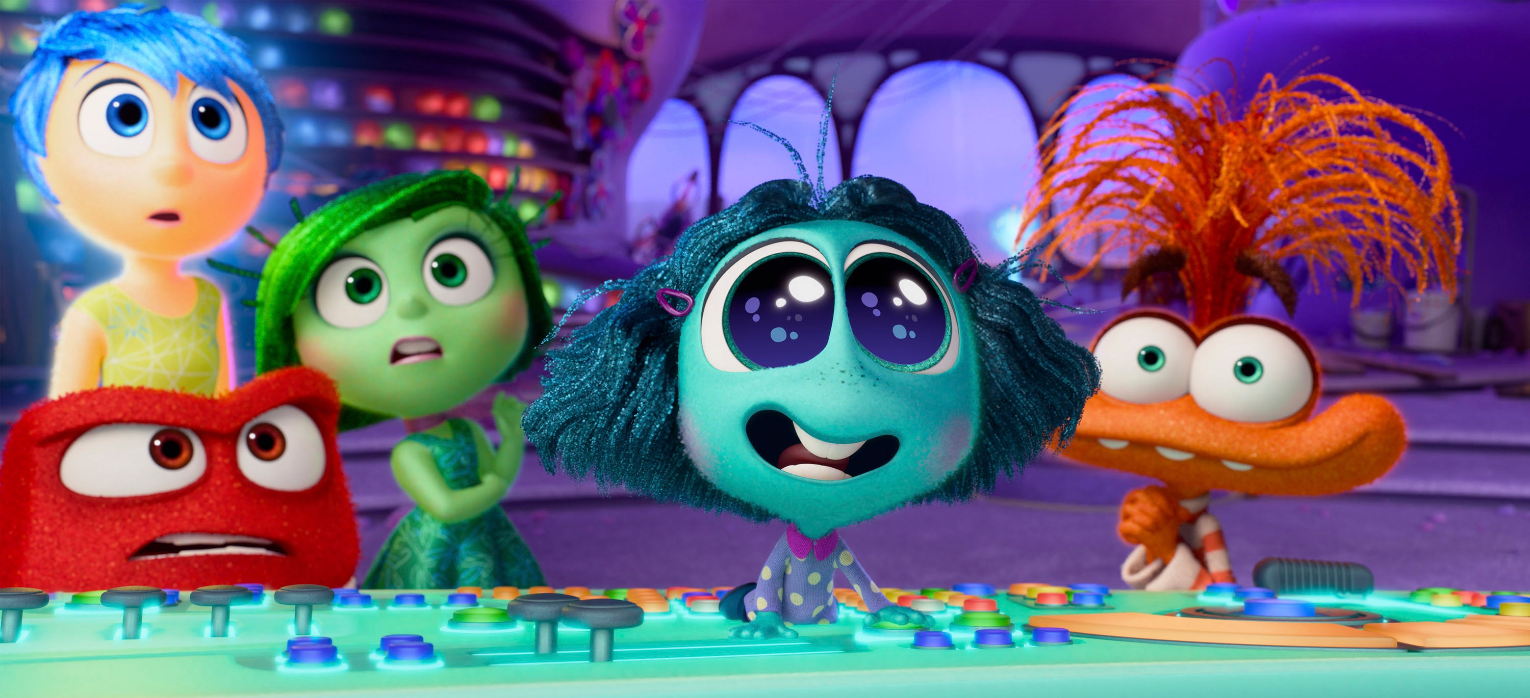 Joy, voiced by Amy Poehler; Anger, voiced by Lewis Black; Disgust, voiced by Liza Lapira; Envy, voiced by Ayo Edebiri; Anxiety, voiced by Maya Hawke, in ‘Inside Out 2’