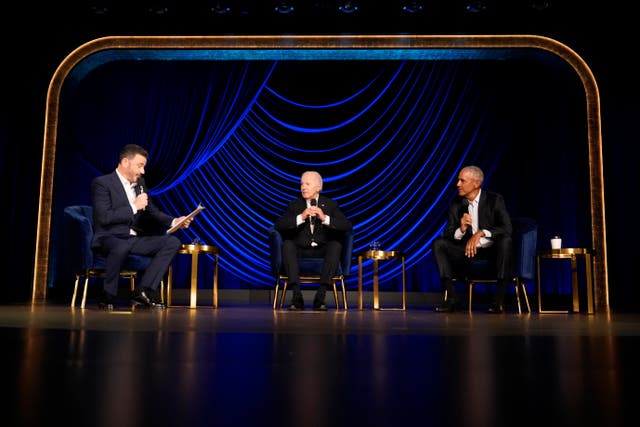 <p>Jimmy Kimmel moderates a panel of President Joe Biden and former president Barack Obama at a fundraising event on Saturday in Los Angeles </p>