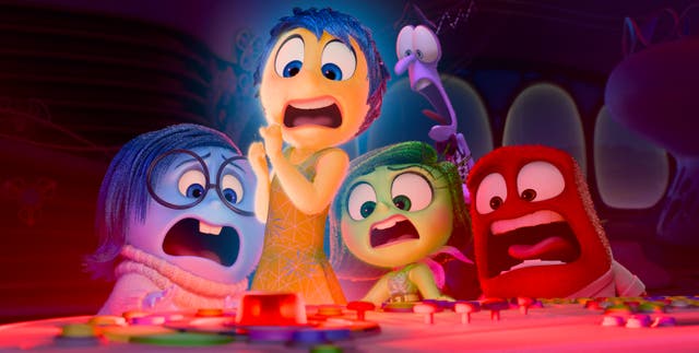 <p>This image released by Disney/Pixar shows, from left, Sadness, voiced by Phyllis Smith, Joy, voiced by Amy Poehler, Disgust, voiced by Liza Lapira, Fear, voiced by Tony Hale and Anger, voiced by Lewis Black, in a scene from "Inside Out 2." (Disney/Pixar via AP)</p>