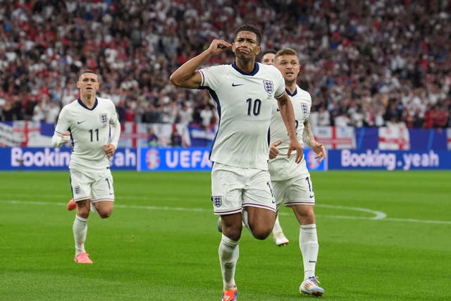 Jude Bellingham celebrates scoring England’s goal (Martin Rickett/PA)
