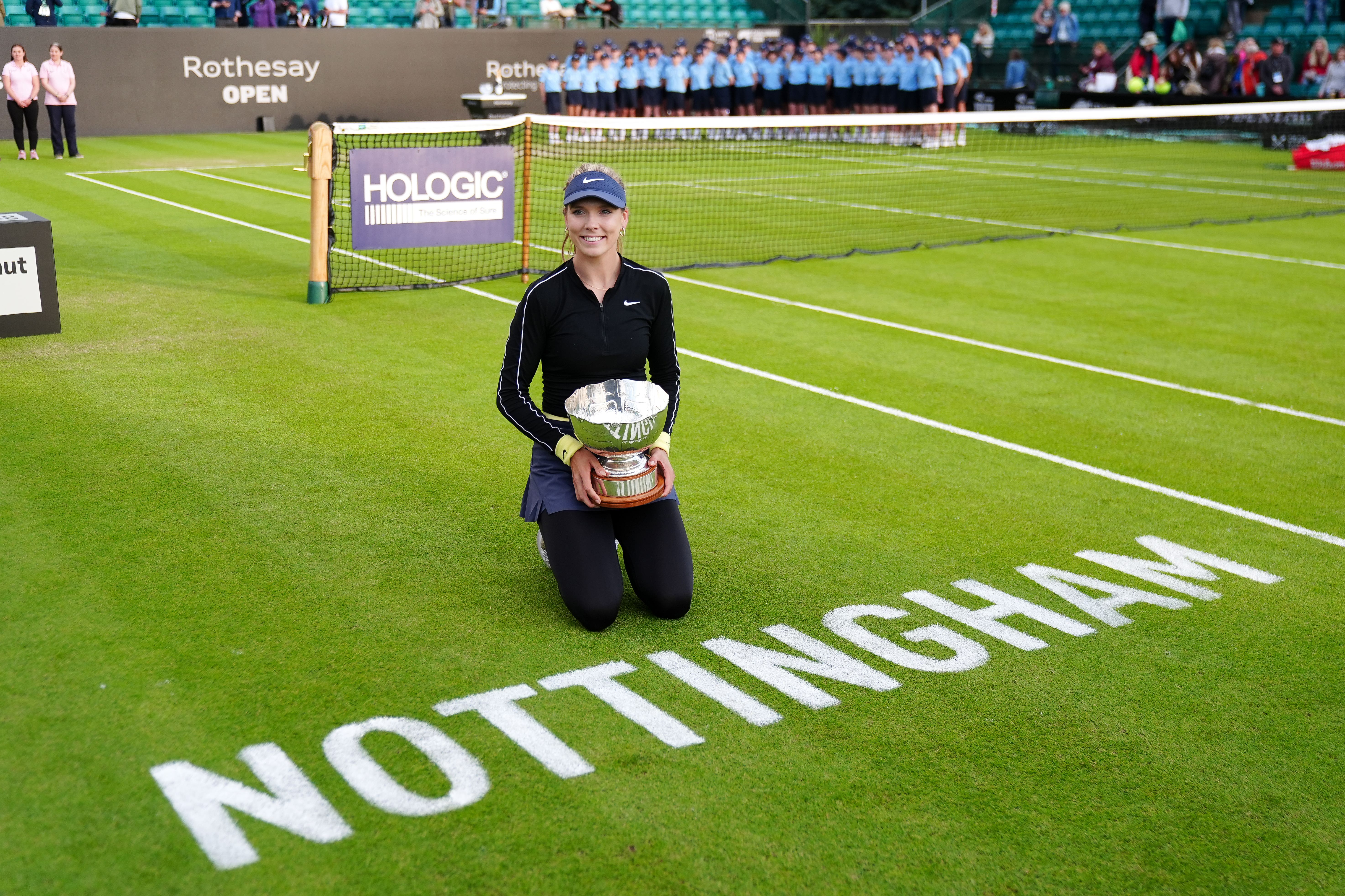 Katie Boulter celebrates with the trophy after retaining her Nottingham crown (Mike Egerton/PA)