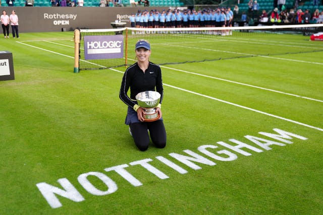 Katie Boulter celebrates with the trophy after retaining her Nottingham crown (Mike Egerton/PA)