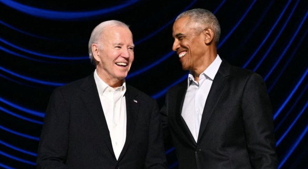 Bidenand Obama on stage at the LA fundraiser
