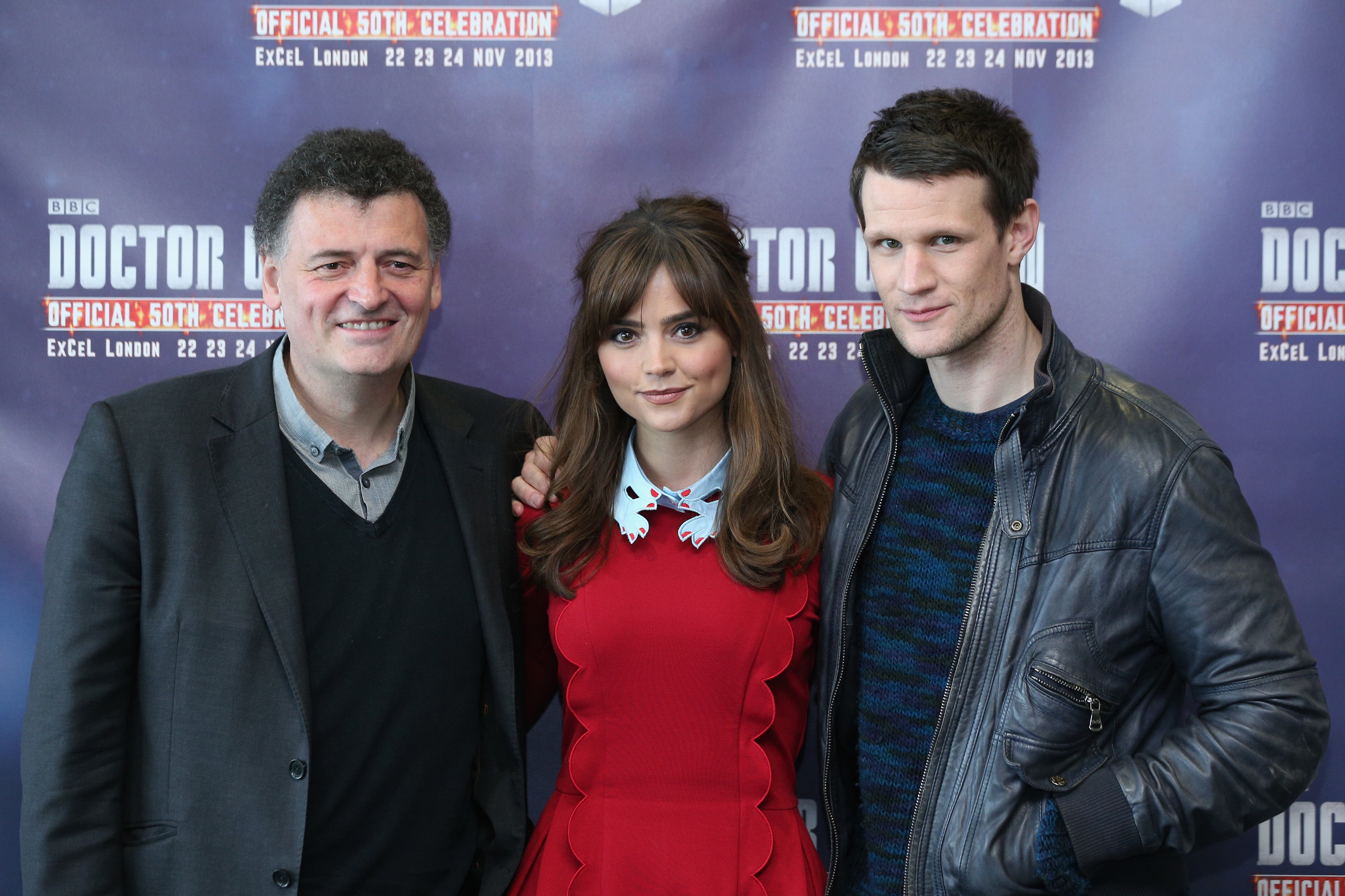 Moffat pictured with ‘Doctor Who’ actors Jenna Coleman, who played ‘Clara Oswald’ and former Doctor Matt Smith, in 2013