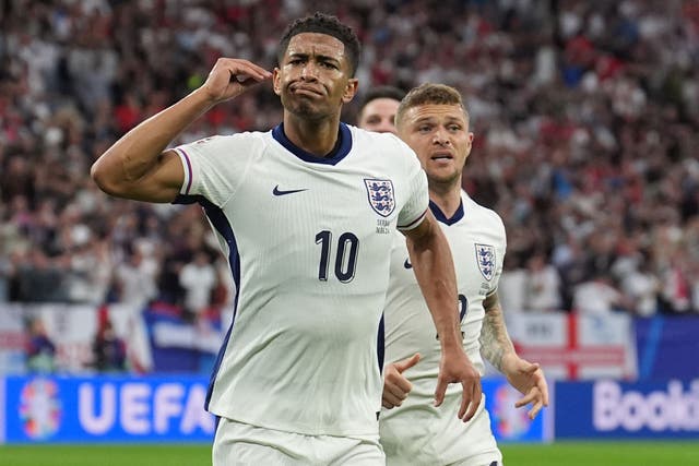 Jude Bellingham scored a header 13 minutes into England’s Group C opening game (Martin Rickett/PA)