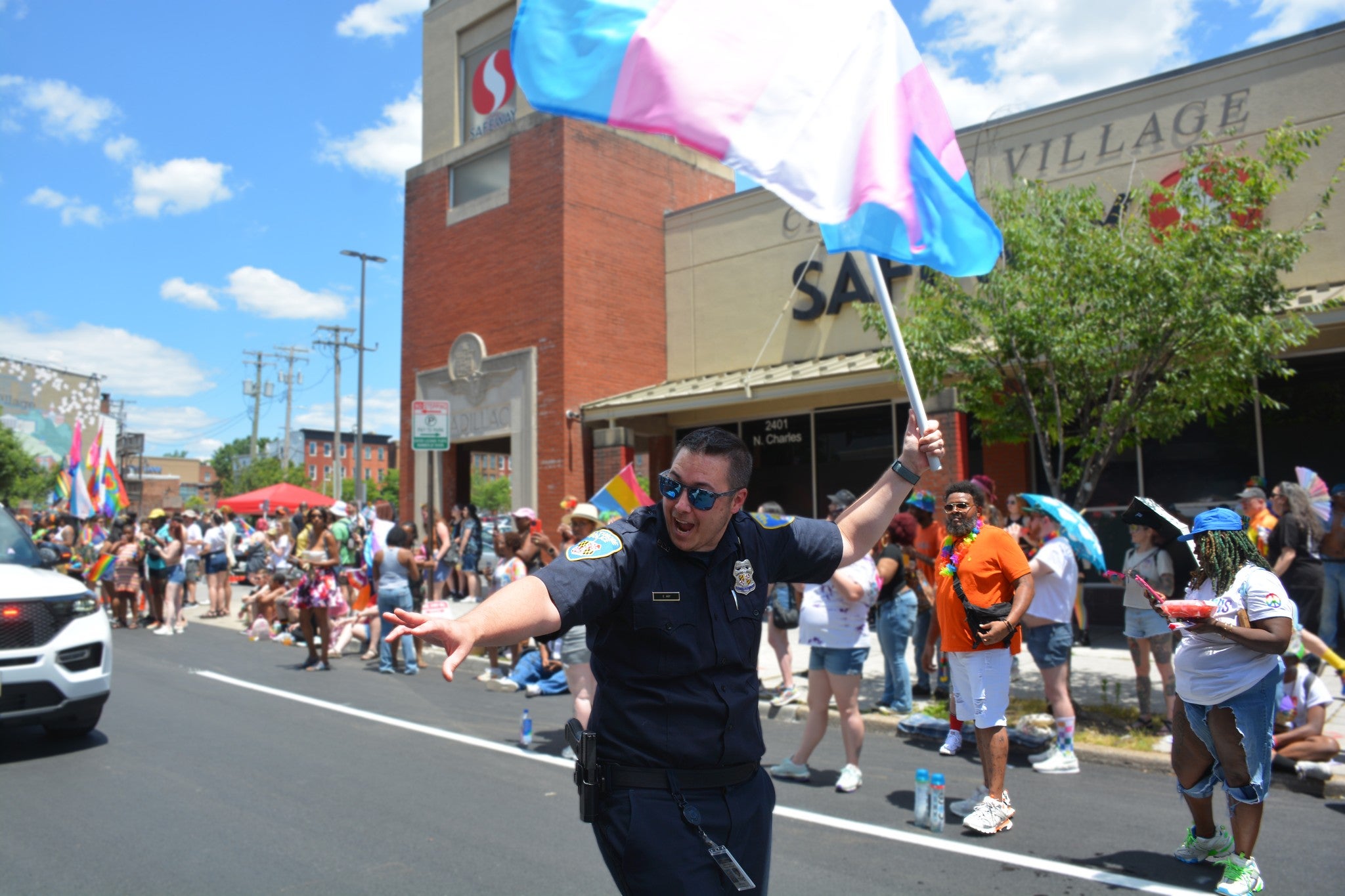 The Baltimore Police Department marched during the Pride parade on Saturday. The event ended when the crowd went into a panic when Mace was sprayed during a fight and fireworks filled the sky.