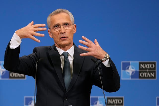 <p>NATO Secretary General Jens Stoltenberg addresses a media conference after a meeting of NATO defense ministers at NATO headquarters in Brussels, Friday, June 14, 2024. (AP Photo/Virginia Mayo)</p>