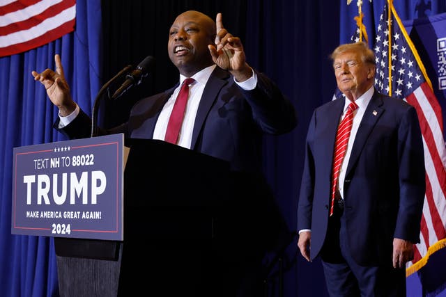 <p>Senator Tim Scott speaks at a campaign rally for Donald Trump. The Senator told ABC News he stands by his decision to certify the 2020 election, despite Trump’s false claims it was rigged</p>