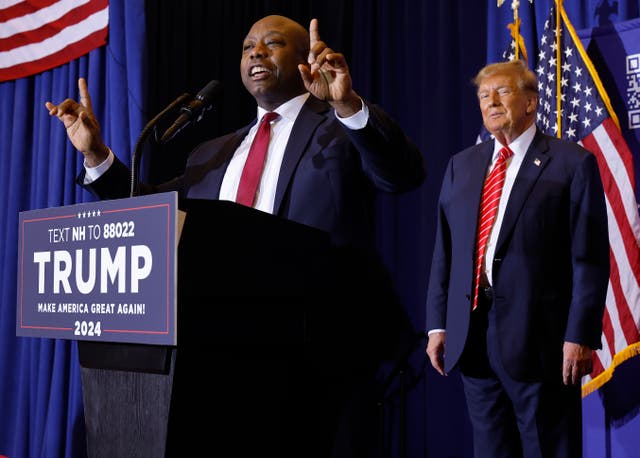 <p>Senator Tim Scott speaks at a campaign rally for Donald Trump. The Senator told ABC News he stands by his decision to certify the 2020 election, despite Trump’s false claims it was rigged</p>