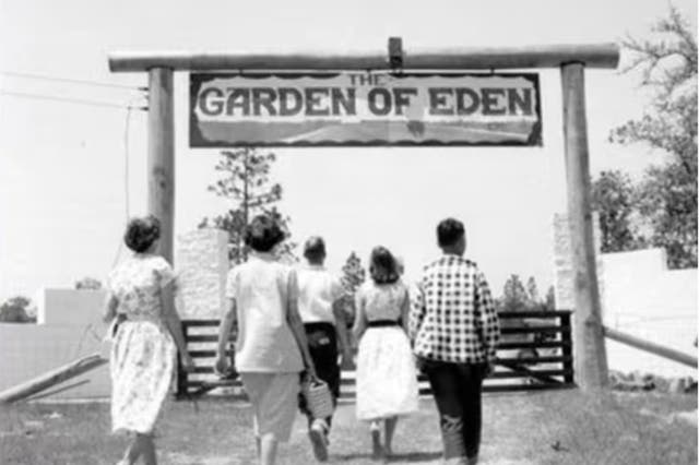 <p>Visitors arrive at minister Elvy Callaway’s ‘Garden of Eden’ attraction. He believed the Garden of Eden was located near Tallahassee, Florida</p>
