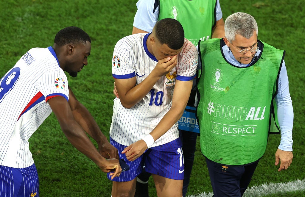 france football, kylian mbappe, euro 2024, didier deschamps, kylian mbappé taken to hospital following brutal injury in euro 2024 match