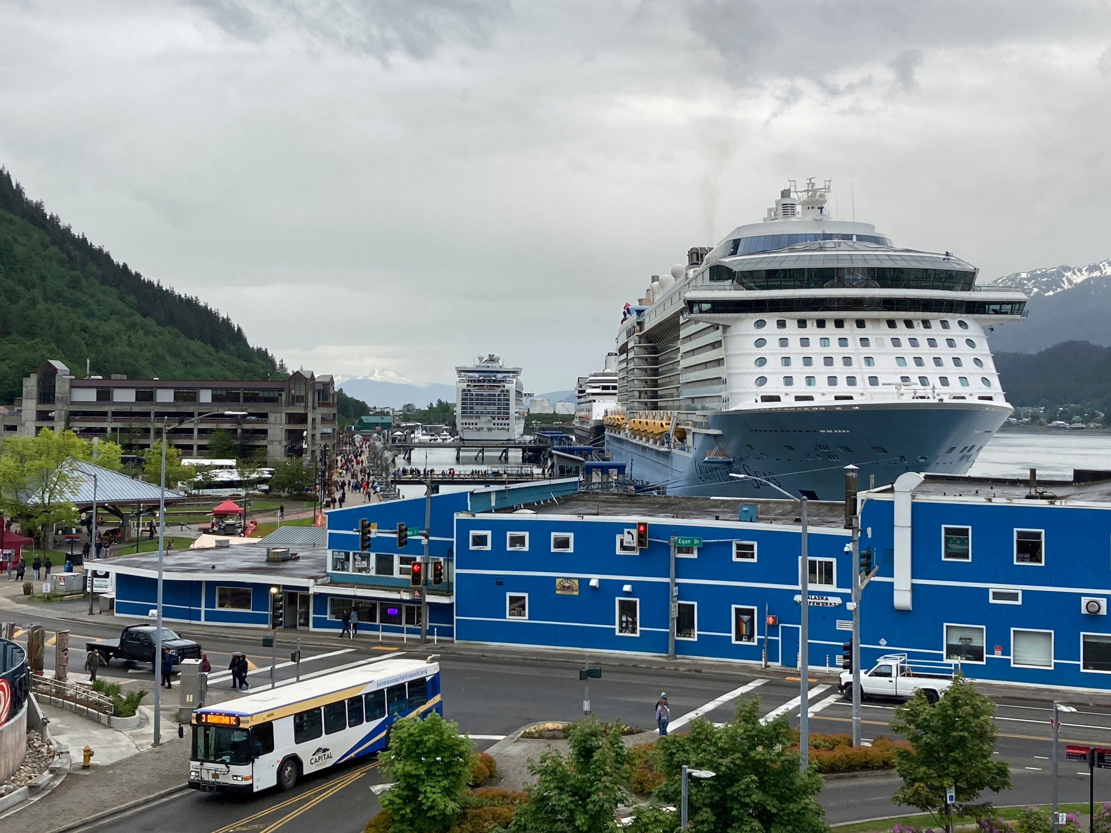 Cruise ships dock in Juneau, Alaska in June 2023