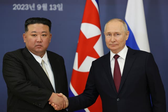 <p>North Korea’s leader Kim Jong-un with Russian president Vladimir Putin during their 2023 meeting at the Vostochny Cosmodrome </p>