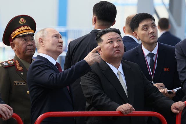 <p> Russia’s President Vladimir Putin  and North Korea’s leader Kim Jong Unvisit the Vostochny Cosmodrome in Amur region on September 13, 2023. </p>