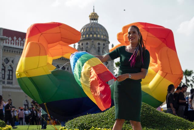 <p>Activists celebrate after Thailand’s parliament passed the same-sex marriage bill</p>