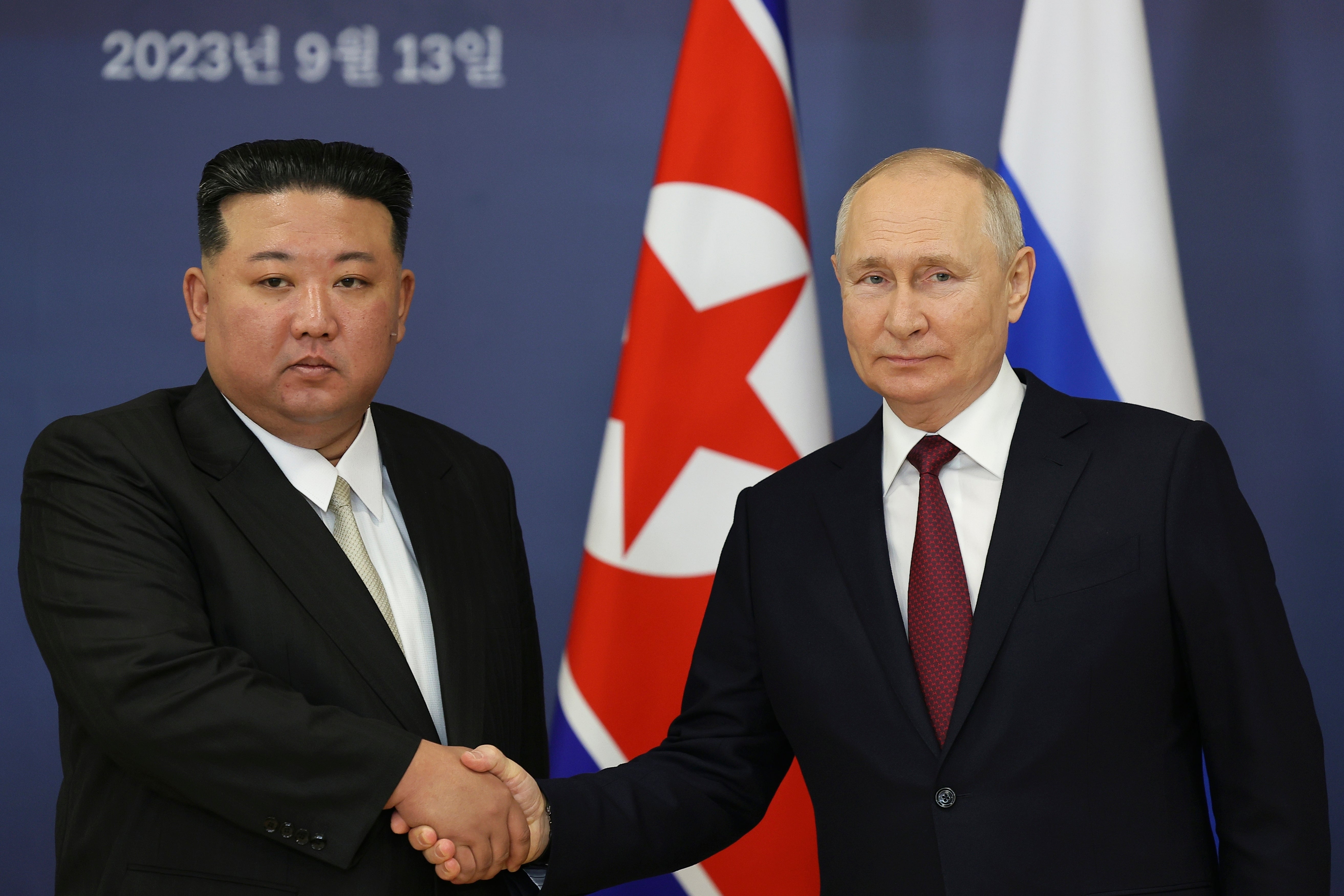 North Korean leader Kim Jong-un with Vladimir Putin in their last meeting in September 2023