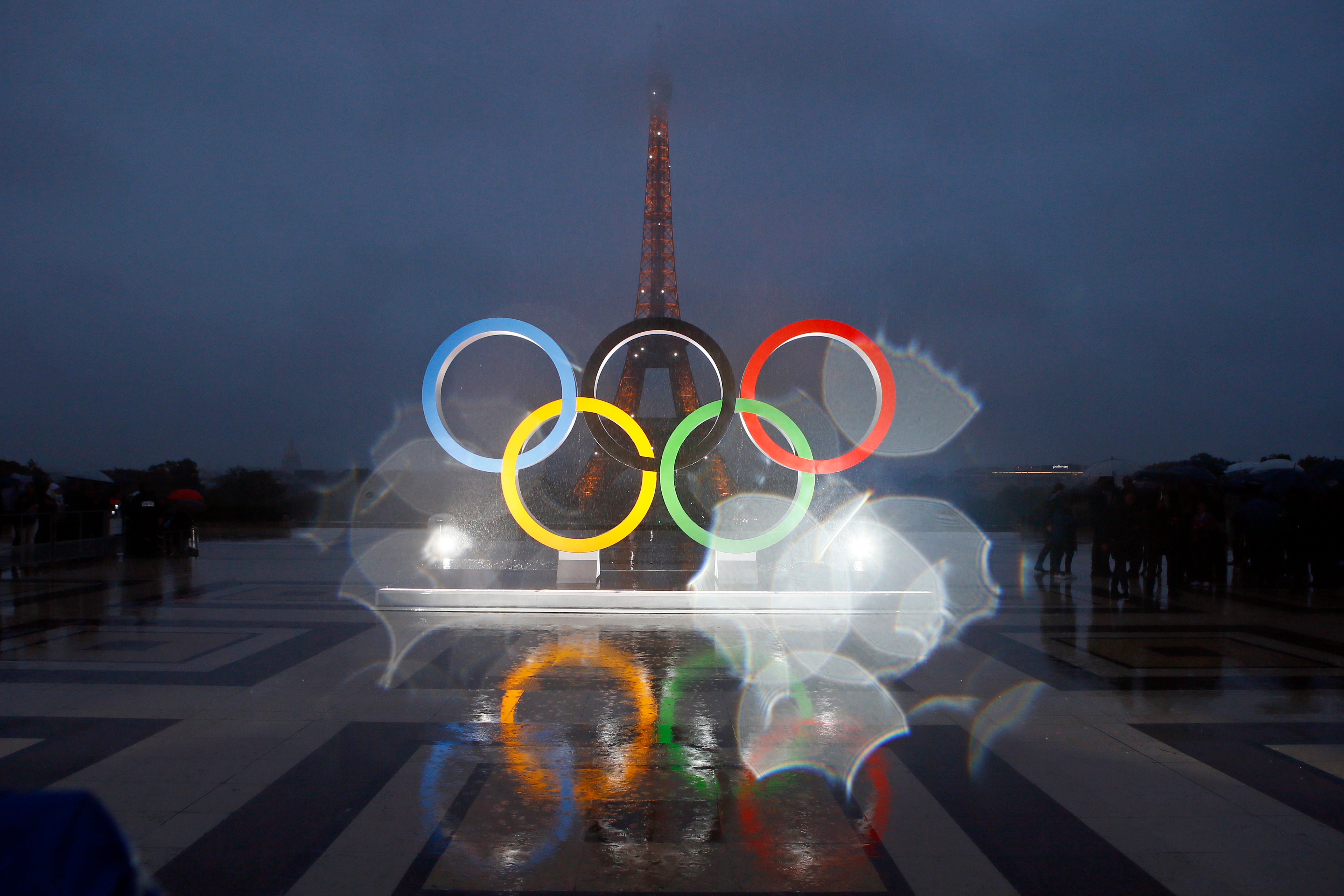 Olympic rings on Trocadero plaza that overlooks the Eiffel Tower