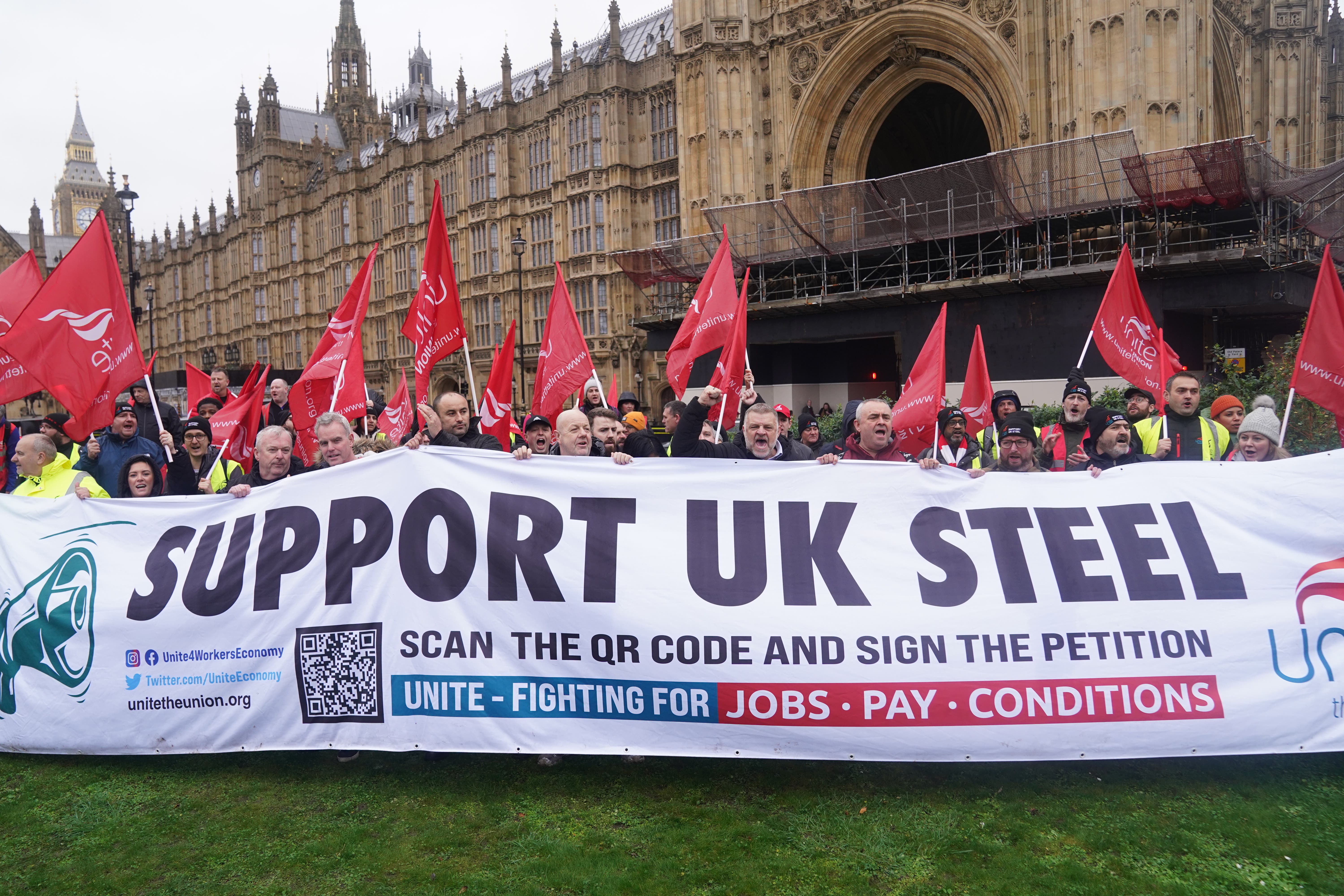 Workers from Tata’s Port Talbot steelworks gather in Westminster (Lucy North/PA)