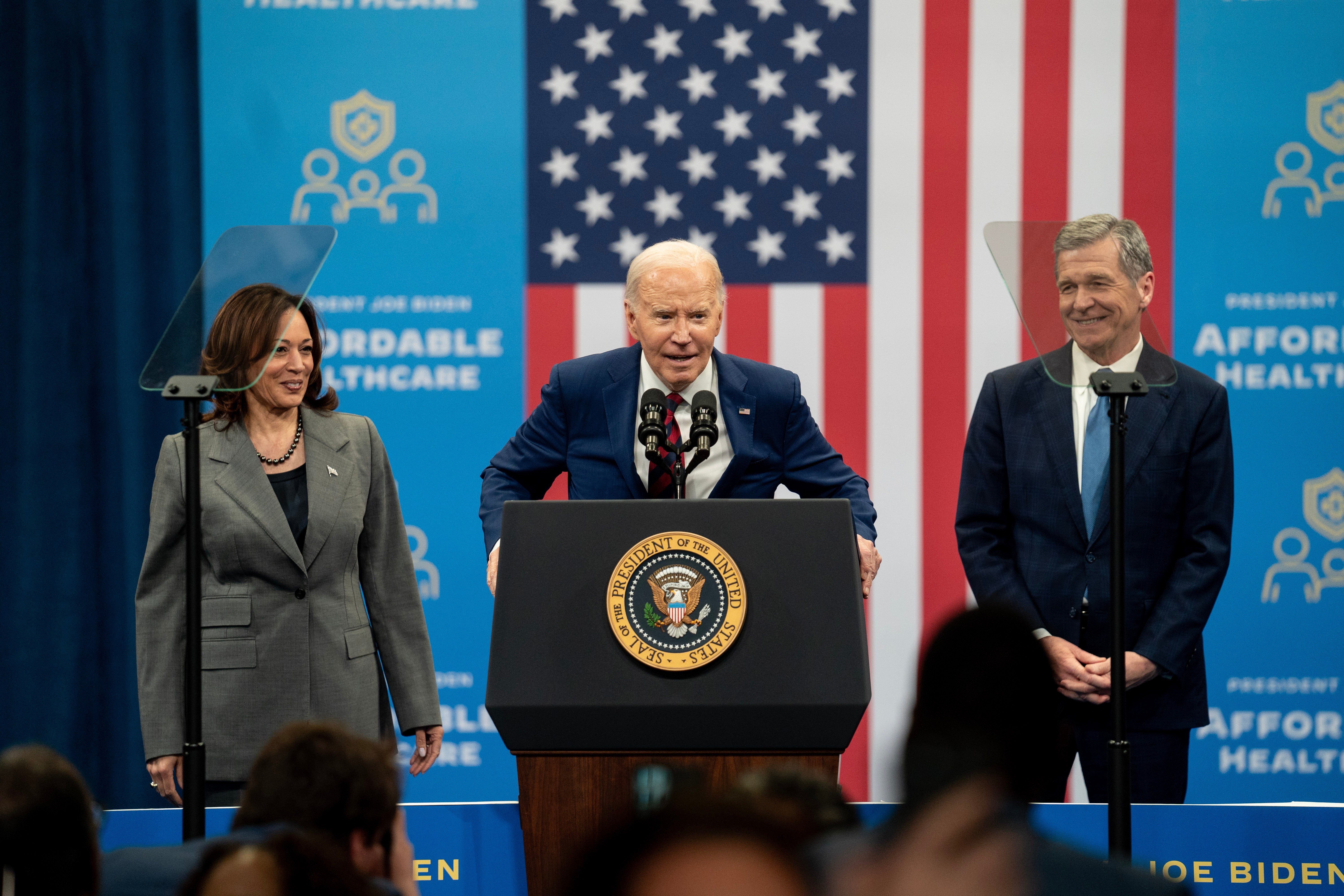 President Joe Biden speaks at the Chavis community center with Vice President Kamala Harris and North Carolina Governor Roy Cooper on March 26, 2024 in Raleigh. The Biden campaign is now making a push to try and flip the state.