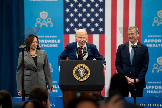 <p>President Joe Biden speaks at the Chavis community center with Vice President Kamala Harris and North Carolina Governor Roy Cooper on March 26, 2024 in Raleigh. The Biden campaign is now making a push to try and flip the state. </p>