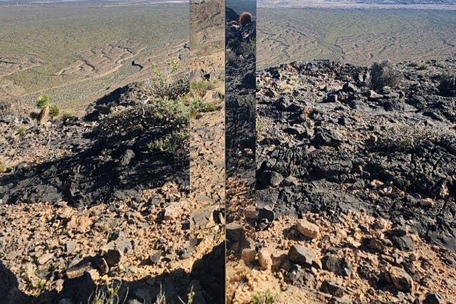 <p>A monolith near Gass Peak, Nevada, on June 16, 2024. Jutting out of the rocks on a remote mountain peak near Las Vegas, the glimmering rectangular prism’s reflective surface imitates the vast desert landscape surrounding the mountain peak where it has been erected</p>