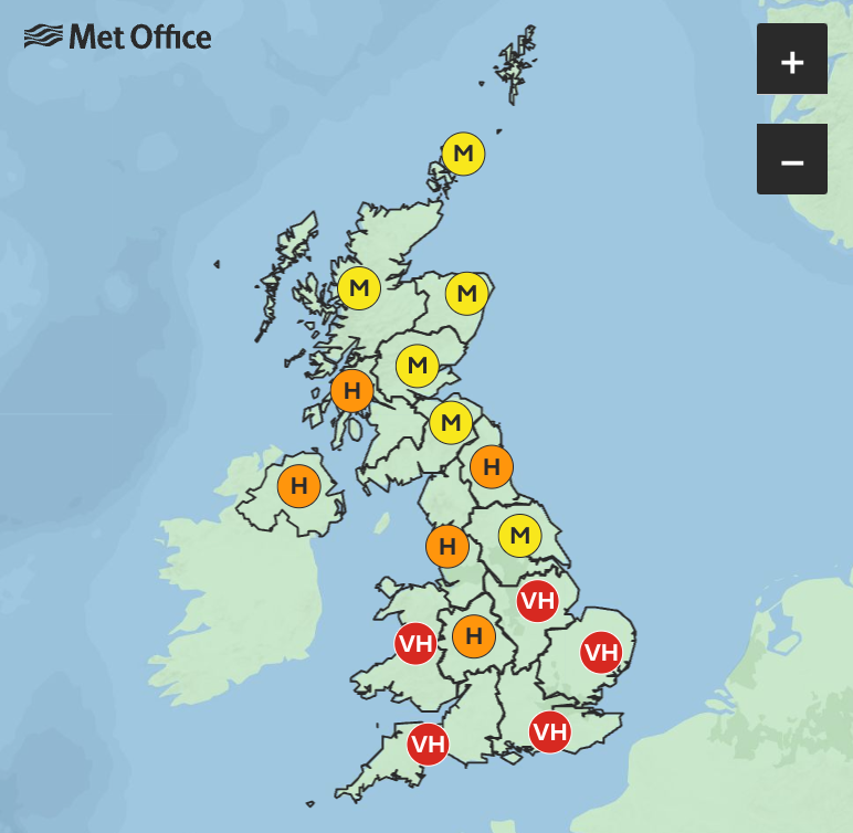 Pollen levels will remain very high across the south of England and Wales all week