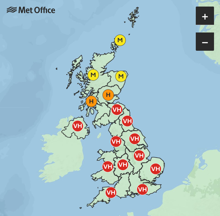 On Thursday, very high levels are expected in Northern Ireland, Wales, Dumfries and Galloway, the West Midlands, East Midlands, North West England, North East England, Yorkshire, the East of England, the South East and South West