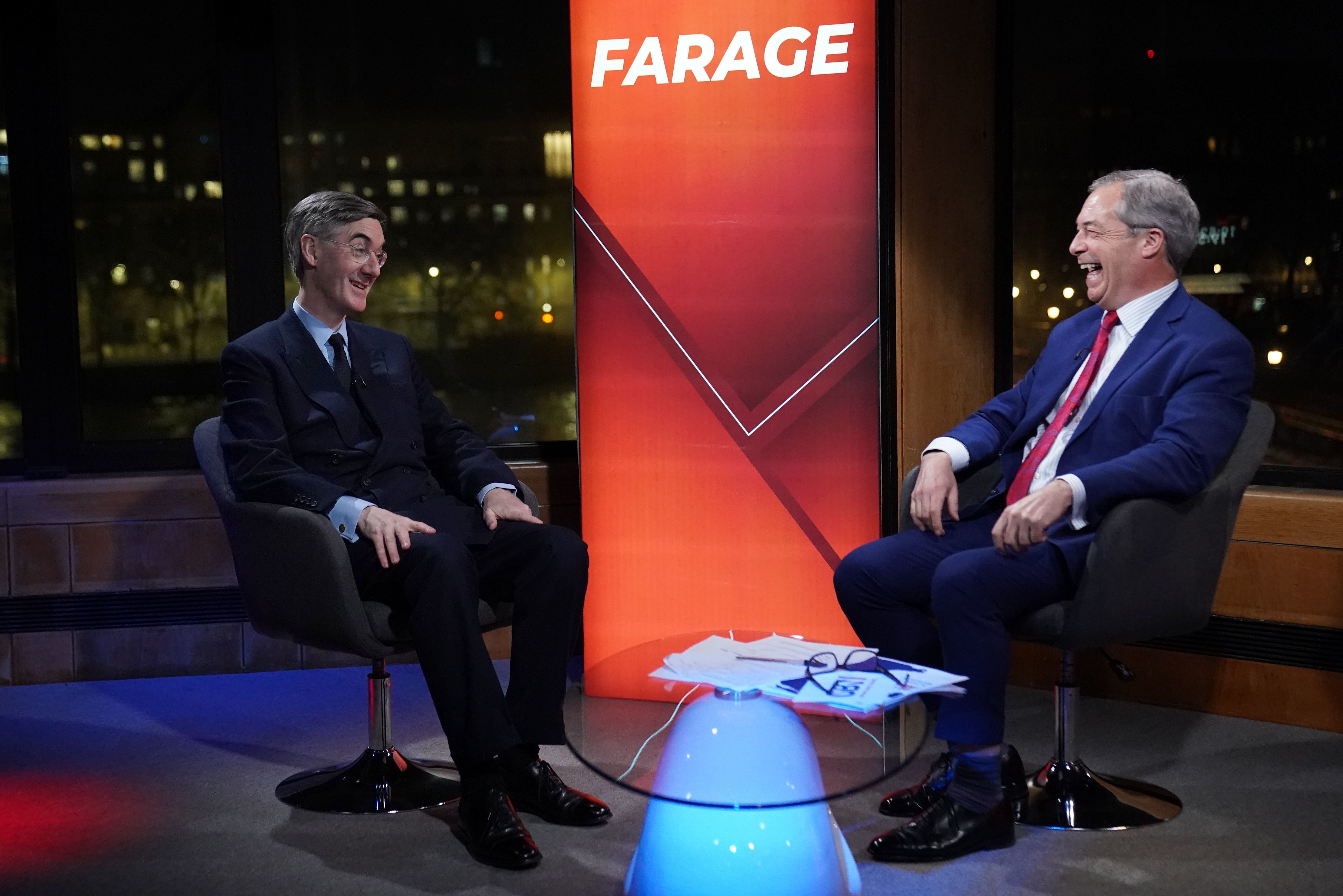 Nigel Farage on his show talking to Jacob Rees-Mogg in the studio at GB News before his new show Jacob Rees-Mogg’s State of The Nation last year