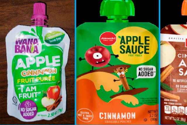 <p>This image provided by the US Food and Drug Administration on Nov. 17, 2023, shows three recalled applesauce products </p>