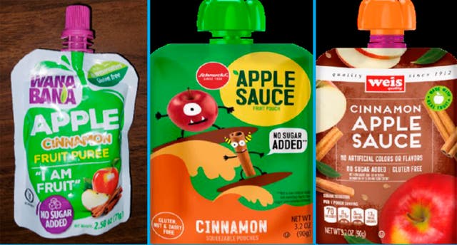 <p>This image provided by the US Food and Drug Administration on Nov. 17, 2023, shows three recalled applesauce products </p>