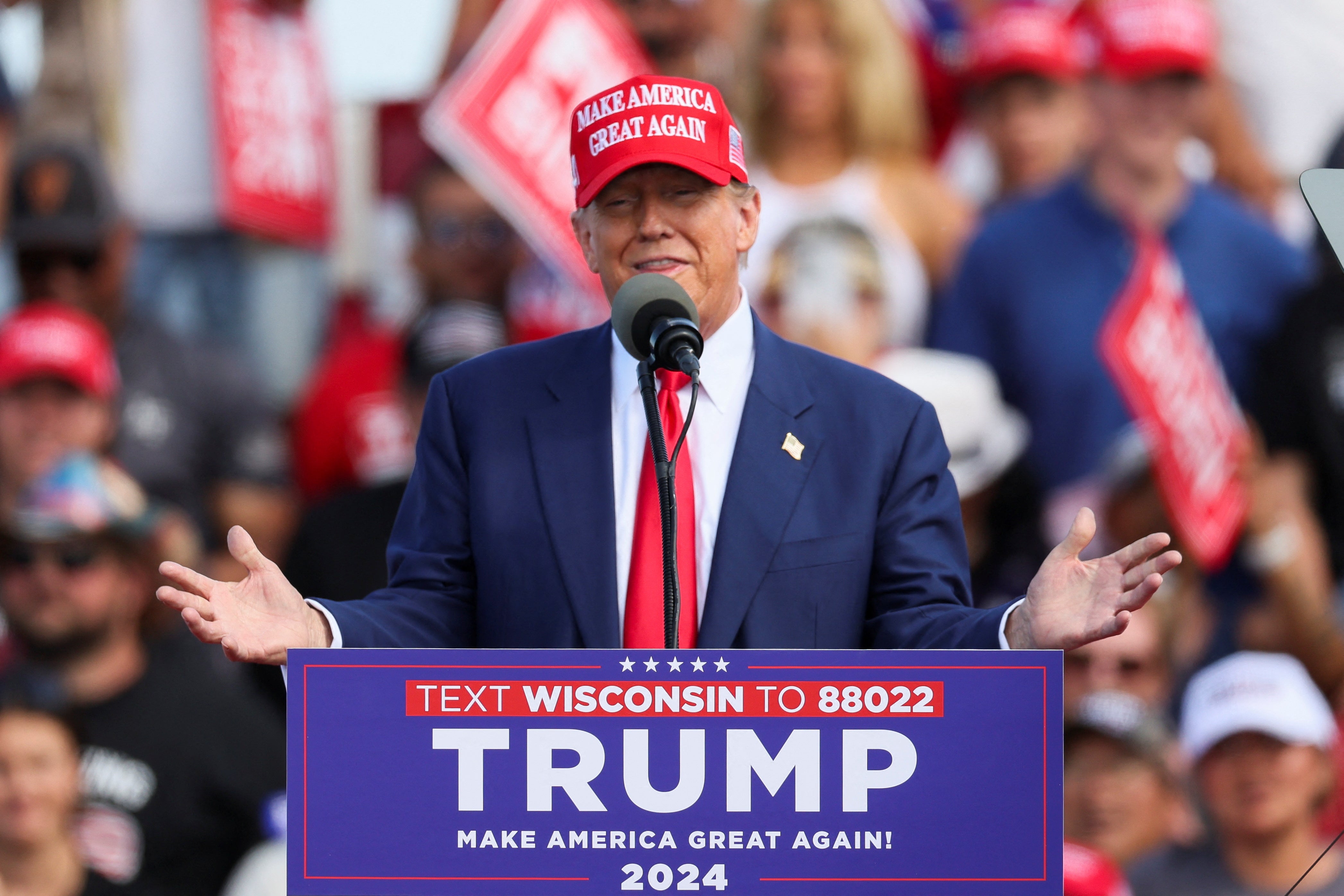 Former US president and Republican presidential candidate Donald Trump speaks during his latest campaign rally in Racine, Wisconsin, on June 18 2024