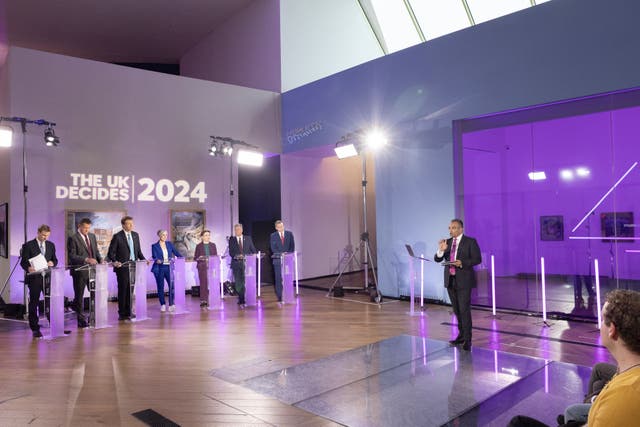 Left to right, Chris Philp, Home Office minister, Conservative Party, Rhun ap Iorwerth, party leader, Plaid Cymru, Richard Tice, chairman, Reform UK, Daisy Cooper, deputy party leader, Liberal Democrats, Channel 4 News presenter Krishnan Guru-Murthy, Carla Denyer, co-party leader, Green Party, Keith Brown, deputy party leader, Scottish National Party, and Nick Thomas-Symonds, shadow Cabinet minister, Labour Party, during Channel 4 News’ General Election debate in Colchester (Matt Alexander Media Assignments/PA)