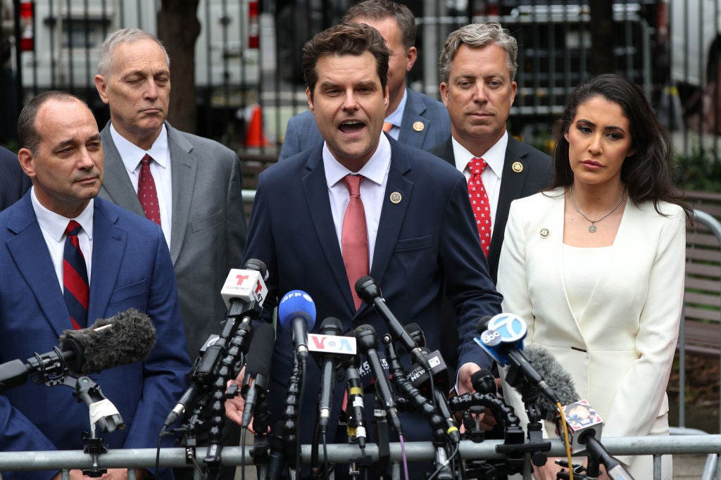 Gaetz has rejected all the allegations against him even as the House Ethics Committee continues to investigate. He is seen here speaking outside Donald Trump’s trial in Manhattan.
