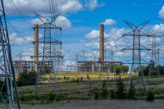 <p>File. Power lines lead from Liddell Power Station in the Hunter Valley of Australia</p>