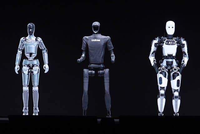 <p>AI robots pictured on stage at a keynote address during the Nvidia GTC Artificial Intelligence Conference on 18 March, 2024 in San Jose, California</p>