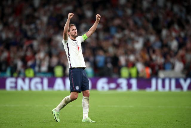Harry Kane celebrates after England’s Euro 2020 win over Denmark (Nick Potts/PA)