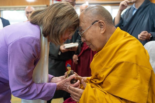 <p>Nancy Pelosi met with Tibetan spiritual leader the Dalai Lama in India on Wednesday</p>